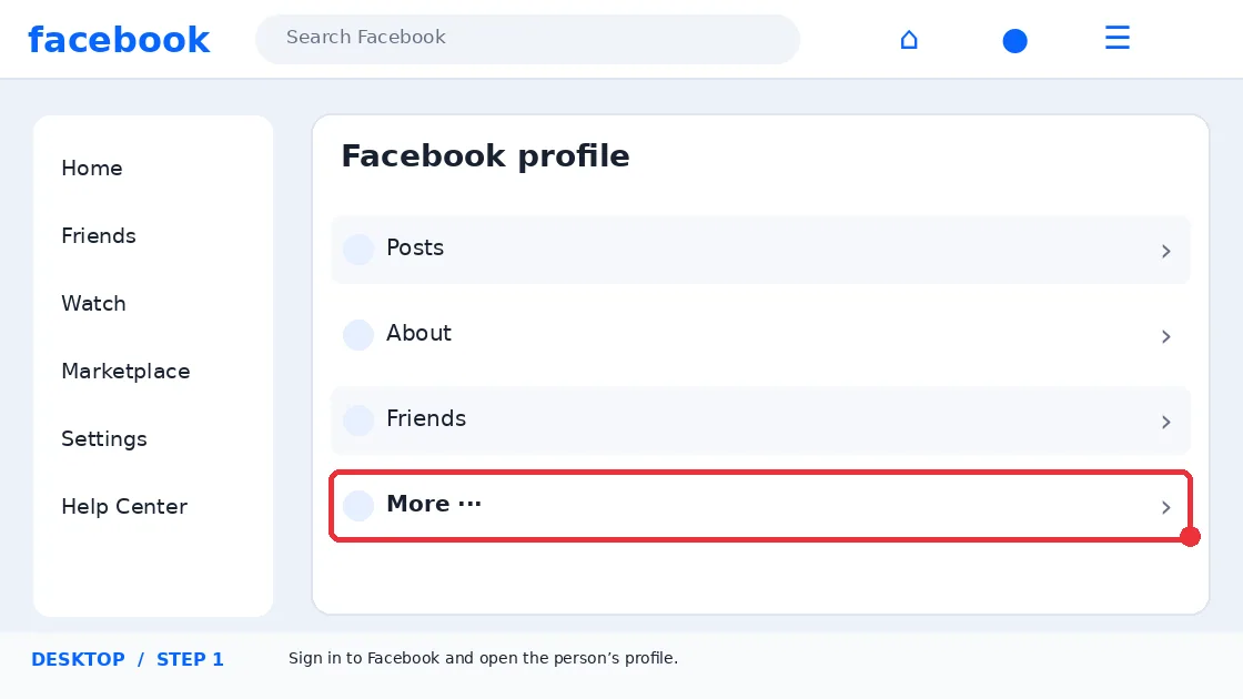 Illustrative Facebook interface for desktop, step 1; actual interface may differ