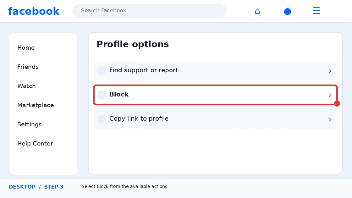Illustrative Facebook interface for desktop, step 3; actual interface may differ