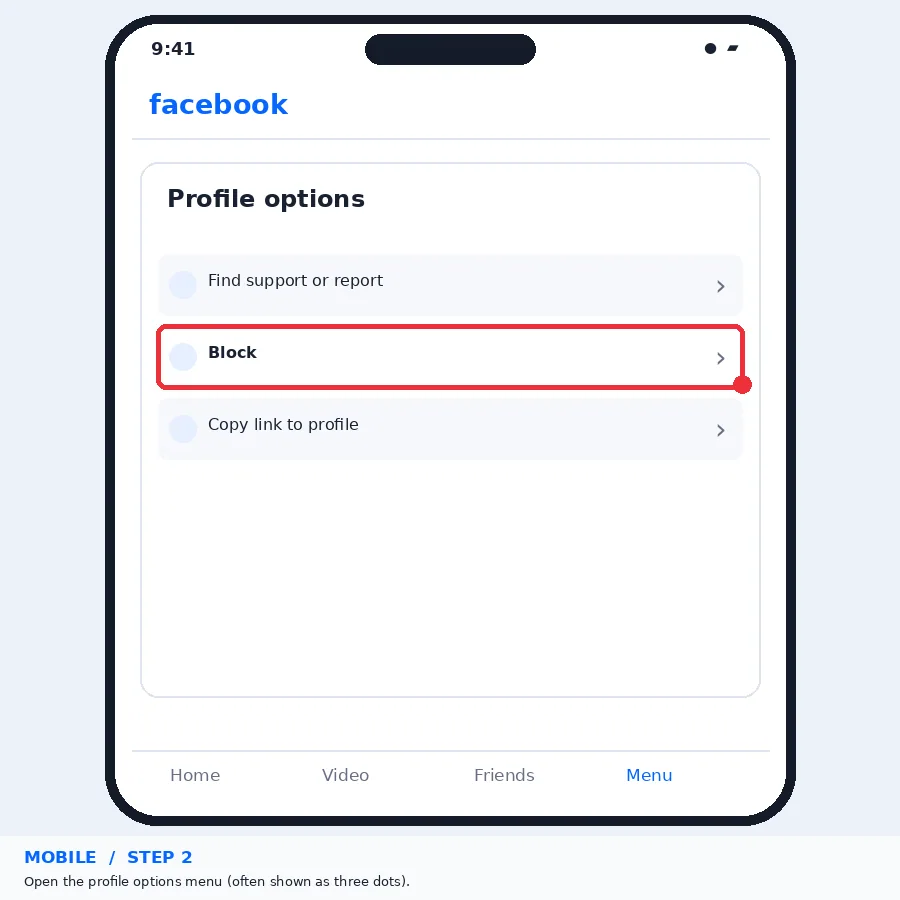 Illustrative Facebook interface for mobile, step 2; actual interface may differ