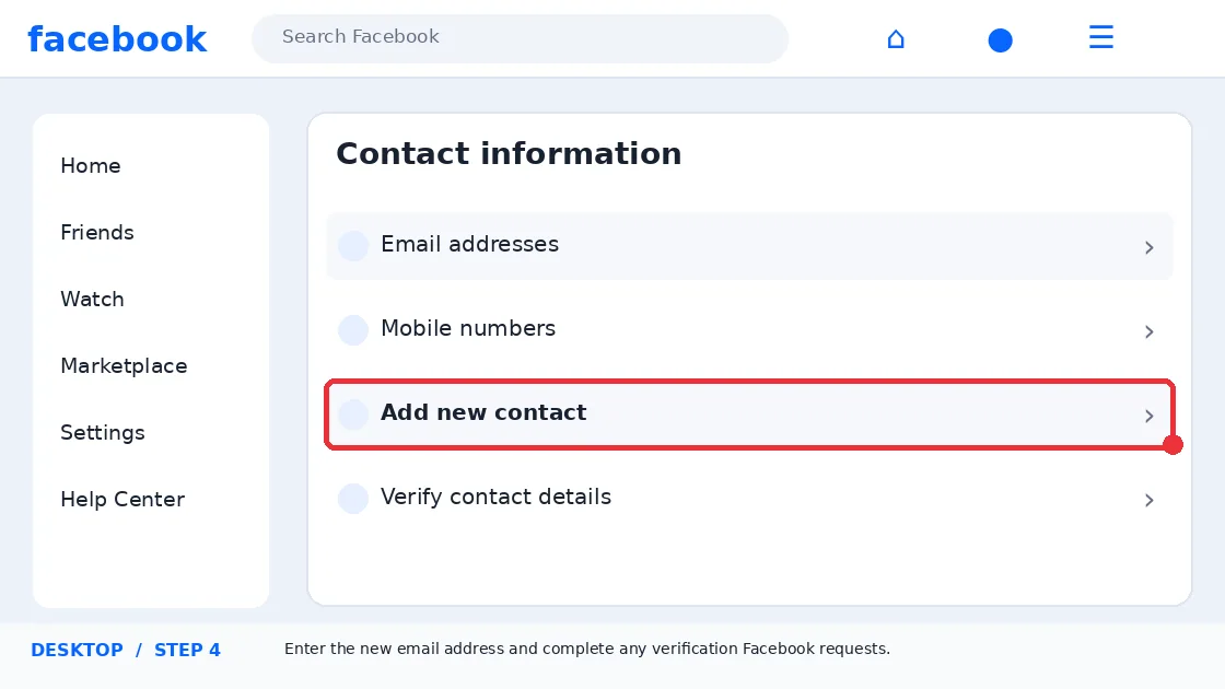 Illustrative Facebook interface for desktop, step 4; actual interface may differ