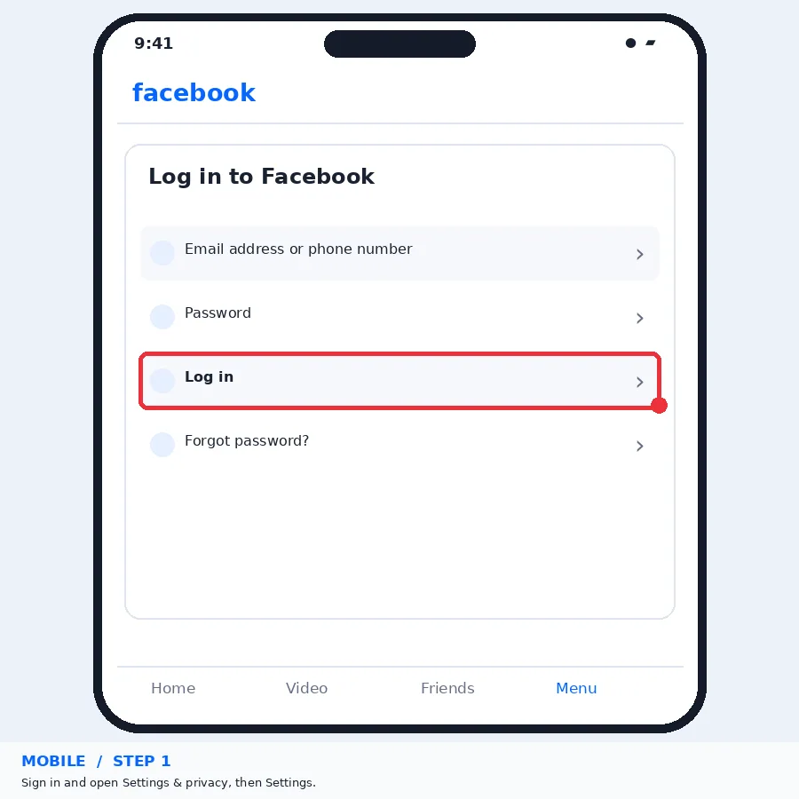 Illustrative Facebook interface for mobile, step 1; actual interface may differ