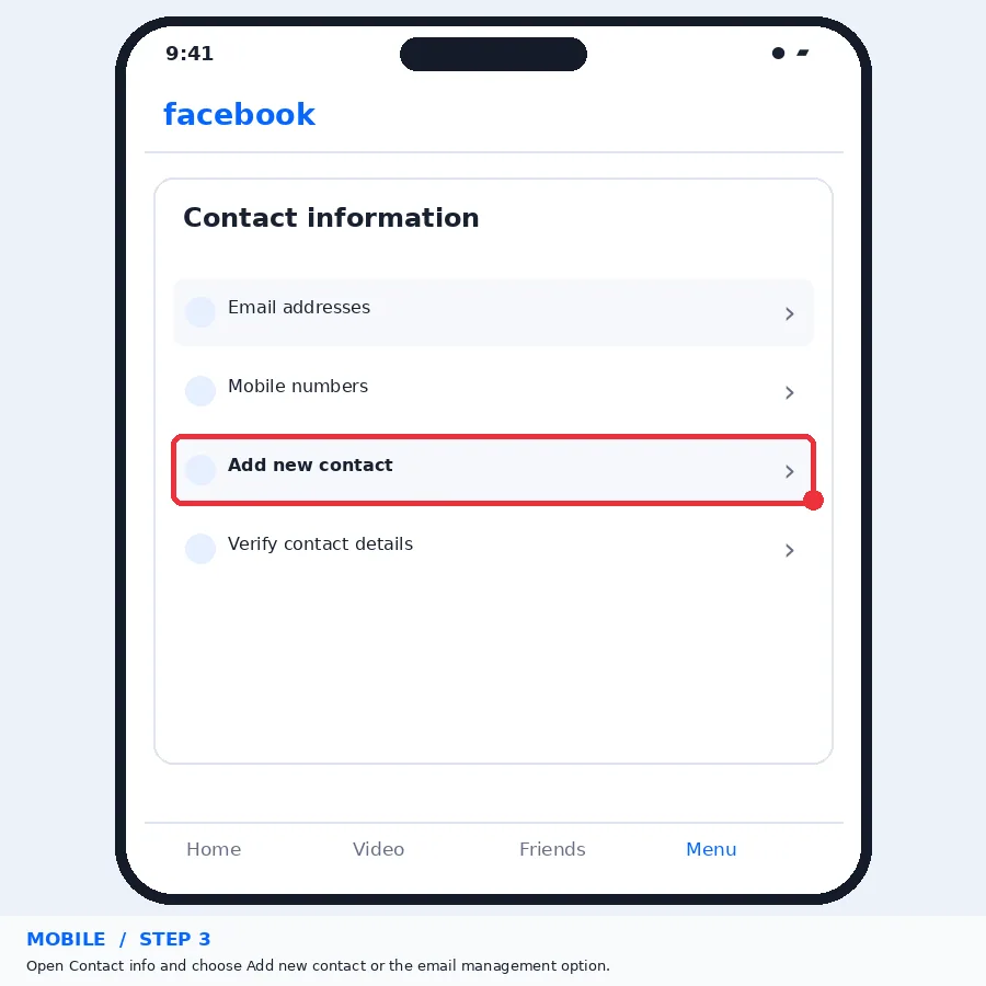 Illustrative Facebook interface for mobile, step 3; actual interface may differ