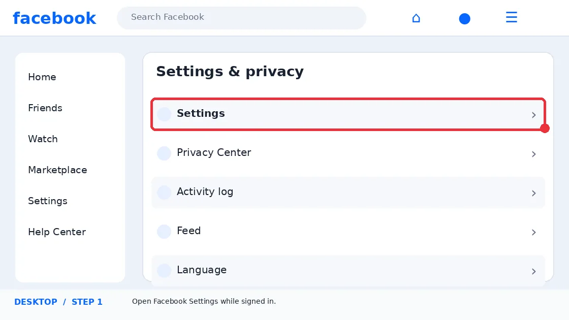 Illustrative Facebook interface for desktop, step 1; actual interface may differ