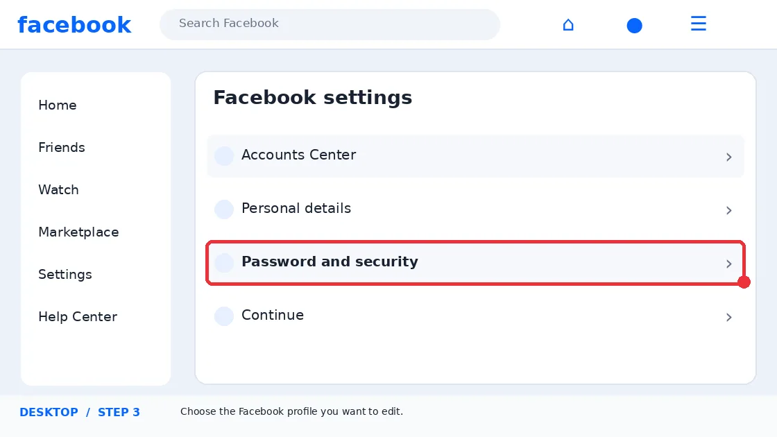 Illustrative Facebook interface for desktop, step 3; actual interface may differ