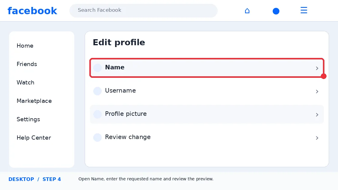 Illustrative Facebook interface for desktop, step 4; actual interface may differ