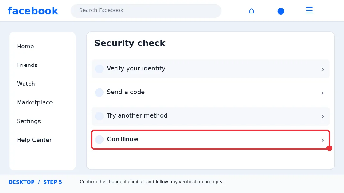 Illustrative Facebook interface for desktop, step 5; actual interface may differ