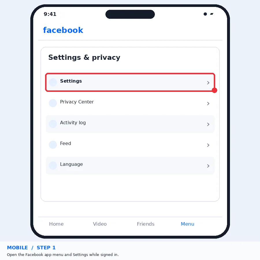 Illustrative Facebook interface for mobile, step 1; actual interface may differ