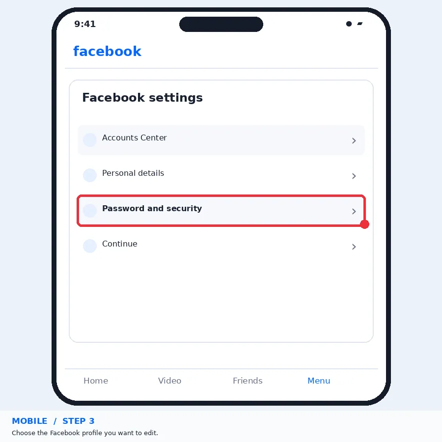 Illustrative Facebook interface for mobile, step 3; actual interface may differ