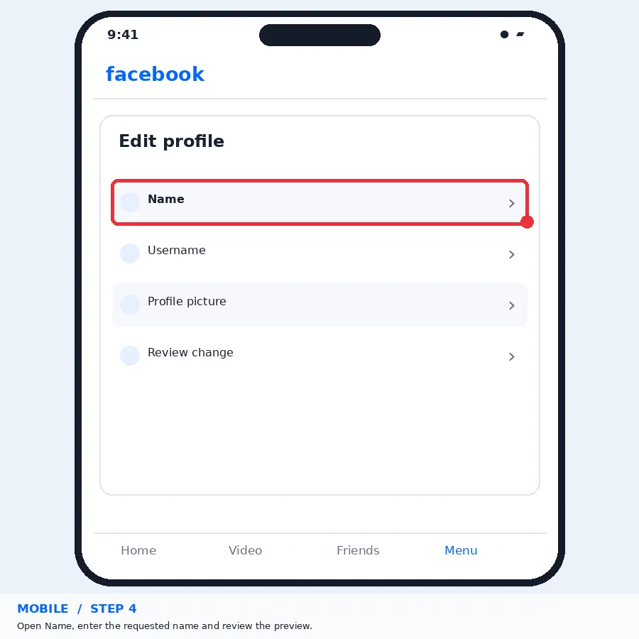 Illustrative Facebook interface for mobile, step 4; actual interface may differ