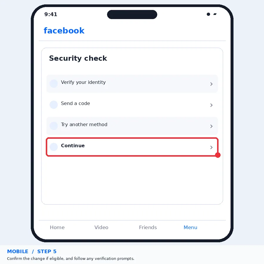 Illustrative Facebook interface for mobile, step 5; actual interface may differ
