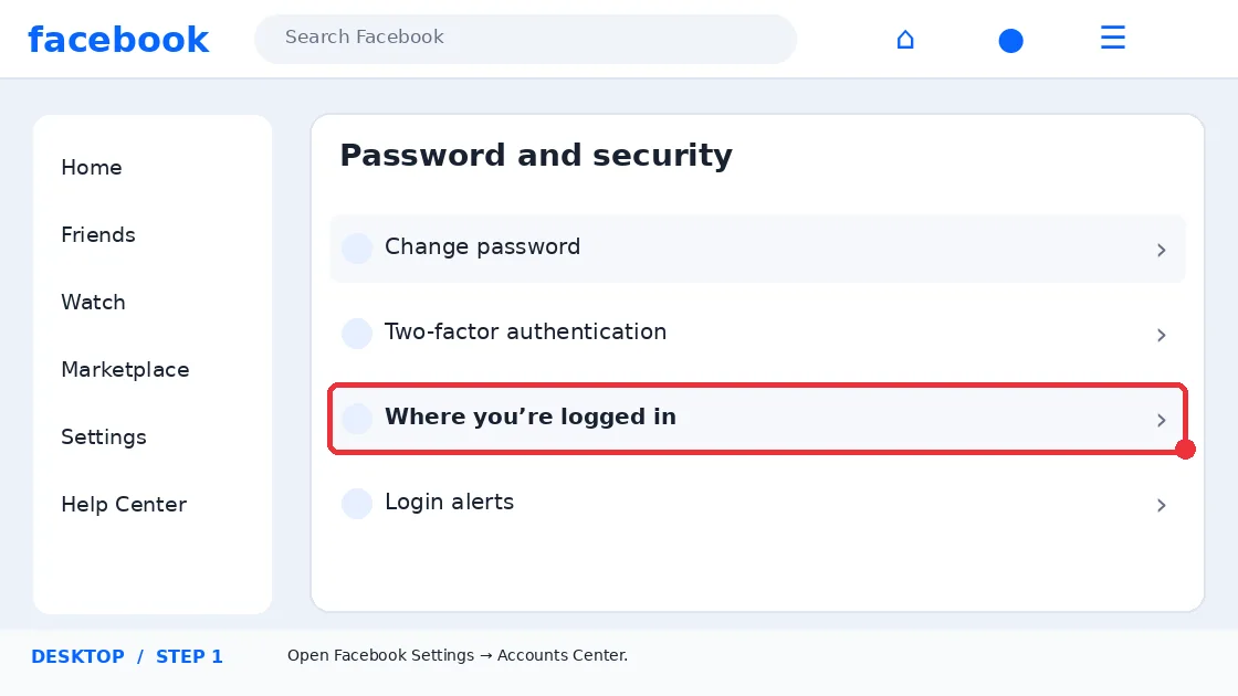Illustrative Facebook interface for desktop, step 1; actual interface may differ