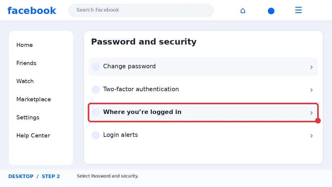 Illustrative Facebook interface for desktop, step 2; actual interface may differ