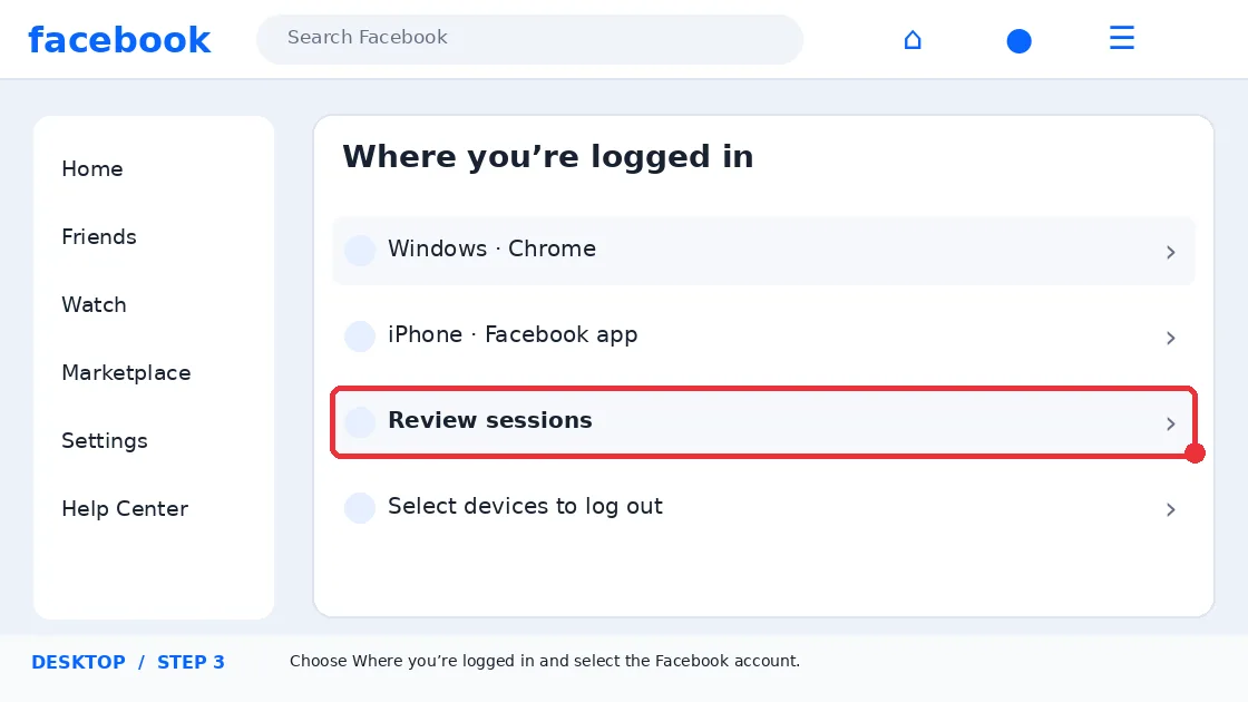 Illustrative Facebook interface for desktop, step 3; actual interface may differ