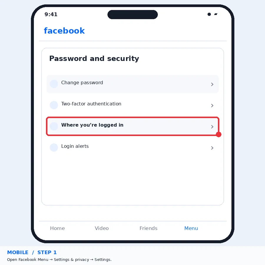 Illustrative Facebook interface for mobile, step 1; actual interface may differ