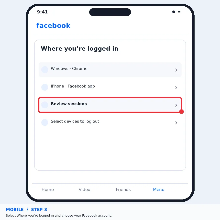 Illustrative Facebook interface for mobile, step 3; actual interface may differ