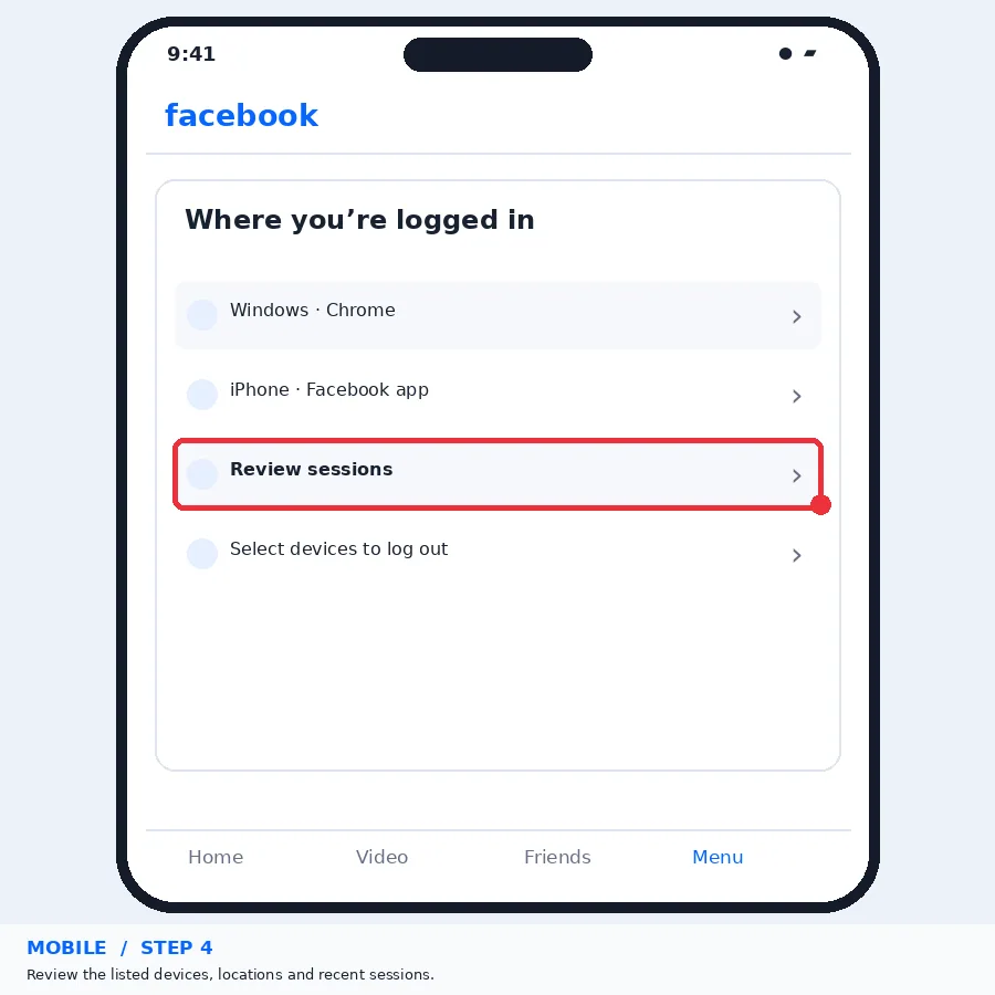 Illustrative Facebook interface for mobile, step 4; actual interface may differ
