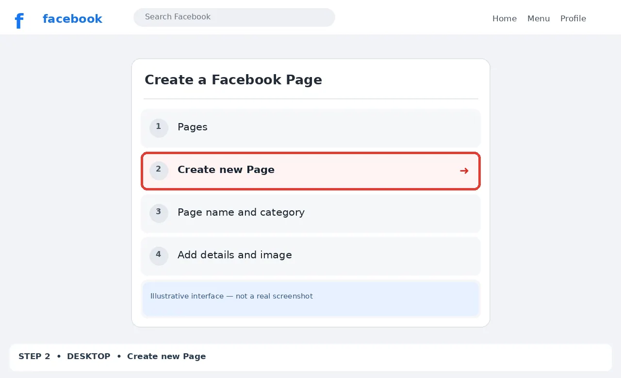 Illustrative Facebook interface for desktop, step 2; actual interface may differ