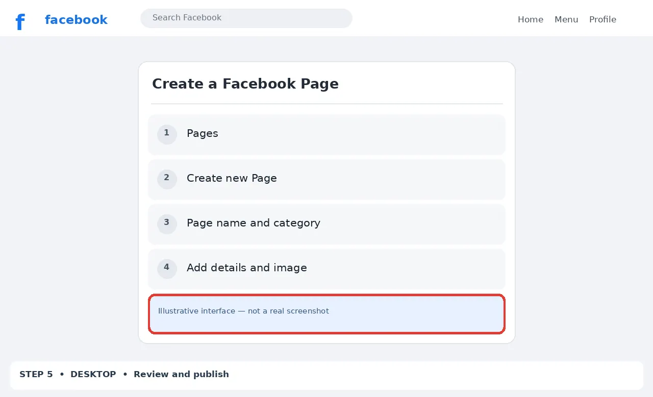 Illustrative Facebook interface for desktop, step 5; actual interface may differ