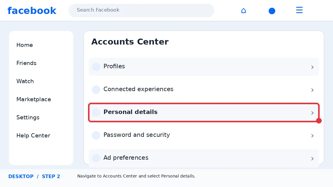 Illustrative Facebook interface for desktop, step 2; actual interface may differ