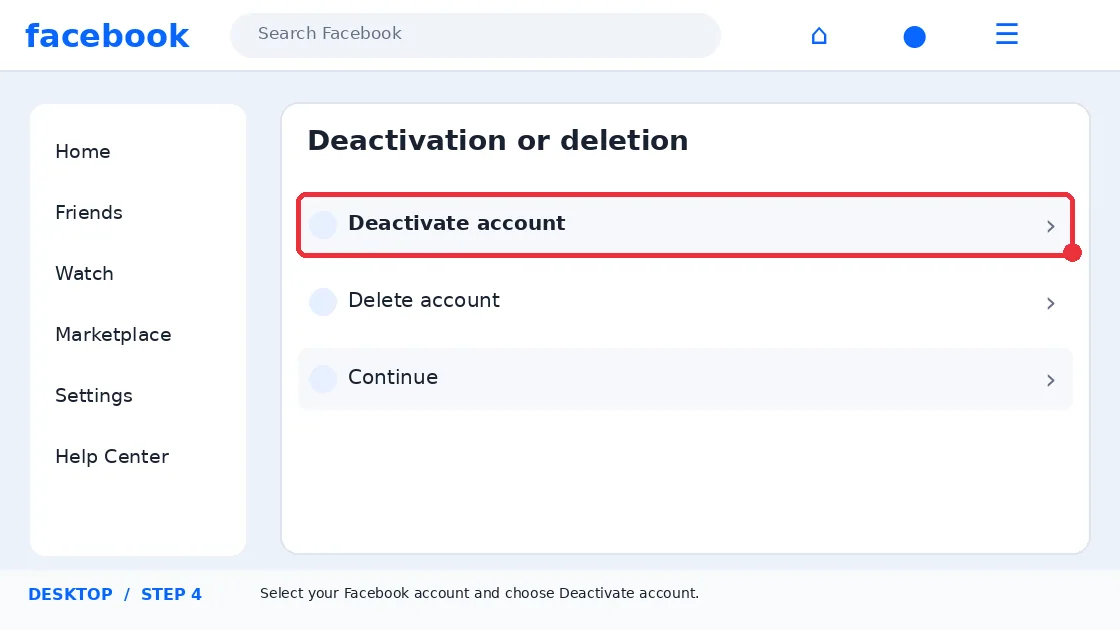 Illustrative Facebook interface for desktop, step 4; actual interface may differ