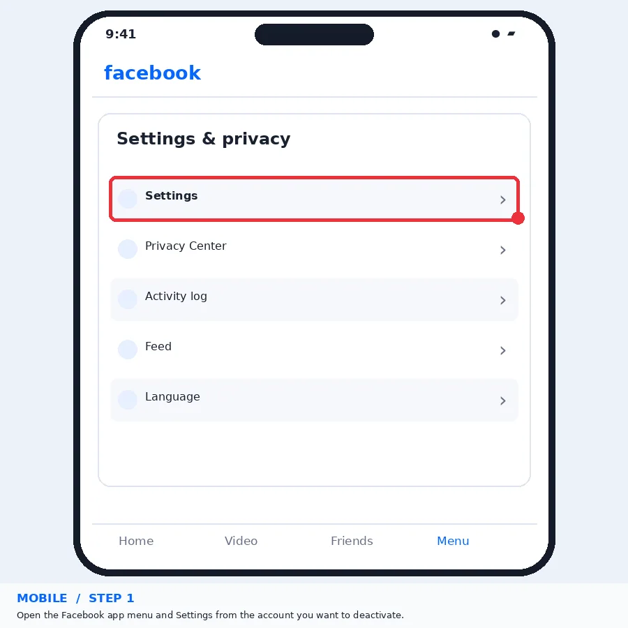 Illustrative Facebook interface for mobile, step 1; actual interface may differ