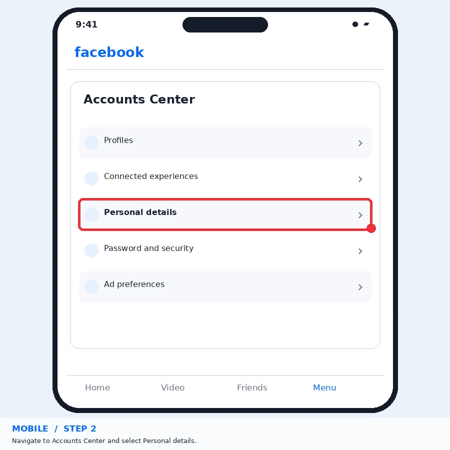 Illustrative Facebook interface for mobile, step 2; actual interface may differ