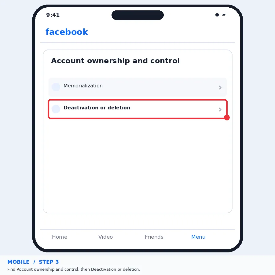 Illustrative Facebook interface for mobile, step 3; actual interface may differ