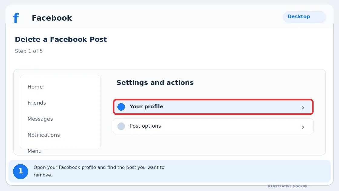 Illustrative Facebook interface for desktop, step 1; actual interface may differ
