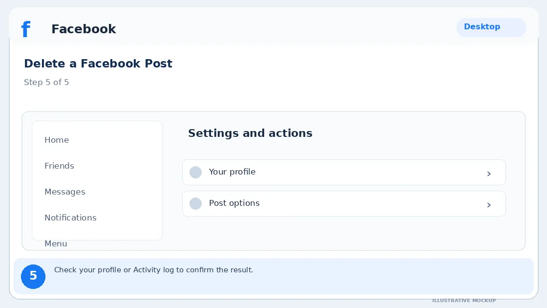 Illustrative Facebook interface for desktop, step 5; actual interface may differ