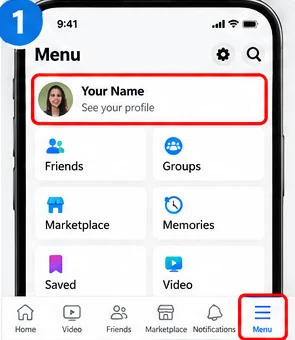 Illustrative Facebook interface for mobile, step 1; actual interface may differ
