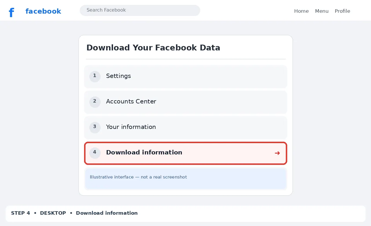 Illustrative Facebook interface for desktop, step 4; actual interface may differ