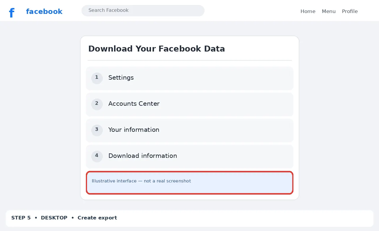 Illustrative Facebook interface for desktop, step 5; actual interface may differ
