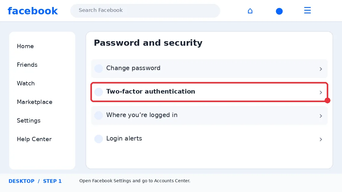 Illustrative Facebook interface for desktop, step 1; actual interface may differ
