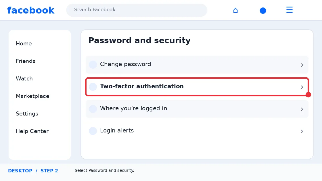 Illustrative Facebook interface for desktop, step 2; actual interface may differ