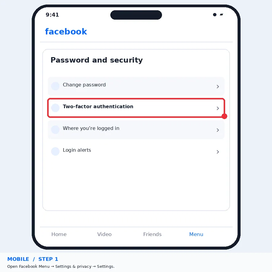 Illustrative Facebook interface for mobile, step 1; actual interface may differ