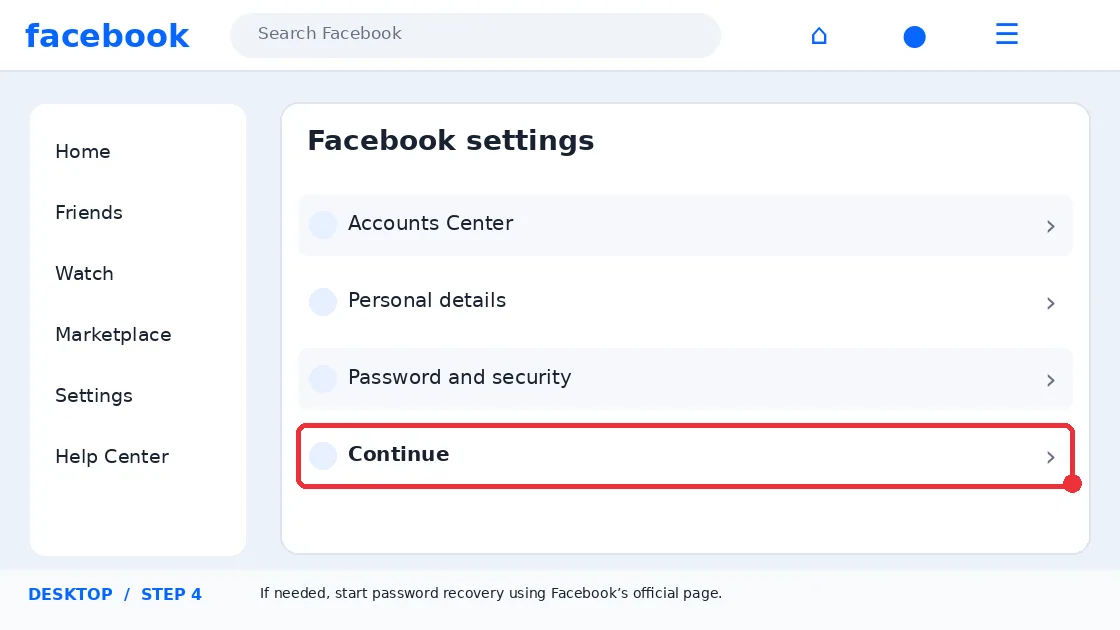 Illustrative Facebook interface for desktop, step 4; actual interface may differ