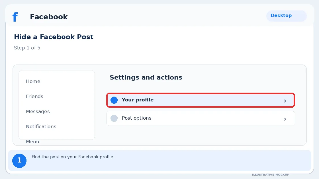 Illustrative Facebook interface for desktop, step 1; actual interface may differ
