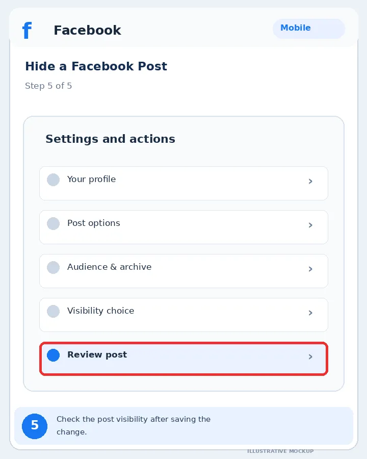 Illustrative Facebook interface for mobile, step 5; actual interface may differ