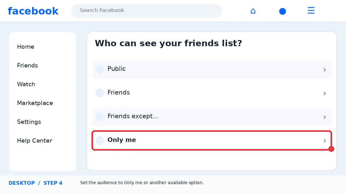 Illustrative Facebook interface for desktop, step 4; actual interface may differ