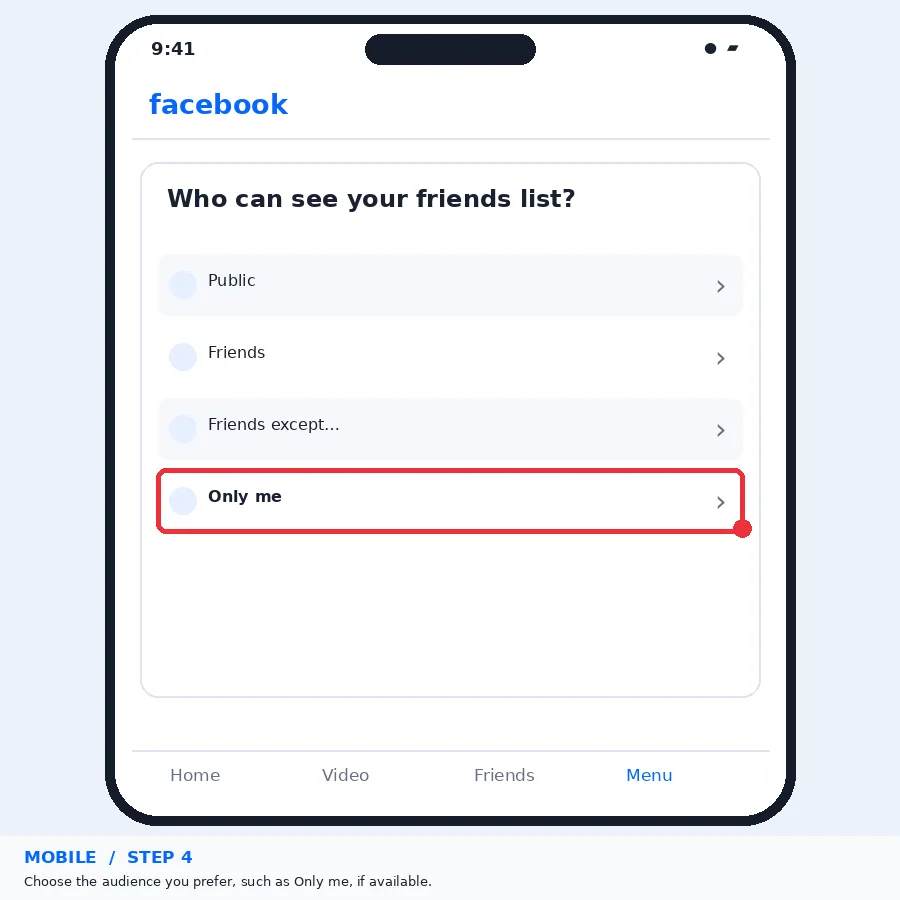 Illustrative Facebook interface for mobile, step 4; actual interface may differ