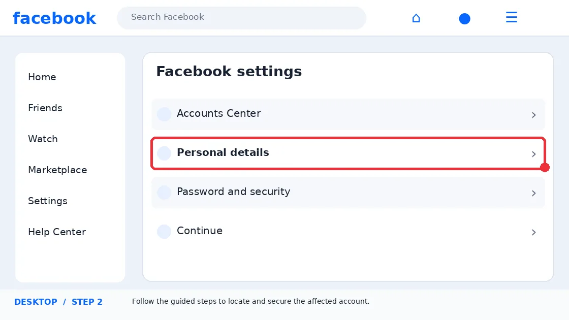 Illustrative Facebook interface for desktop, step 2; actual interface may differ