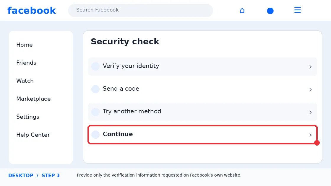 Illustrative Facebook interface for desktop, step 3; actual interface may differ