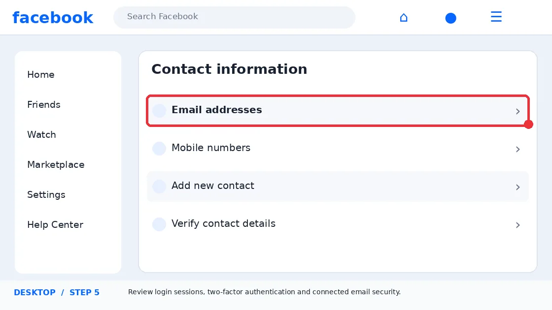 Illustrative Facebook interface for desktop, step 5; actual interface may differ