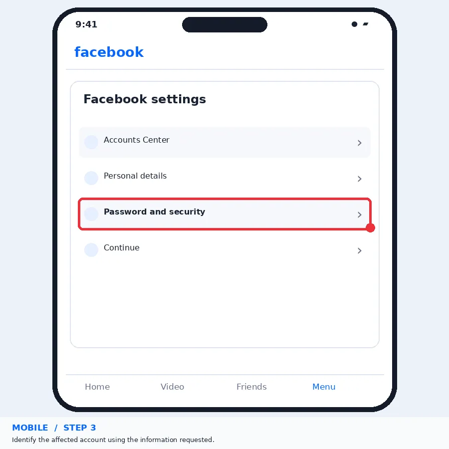 Illustrative Facebook interface for mobile, step 3; actual interface may differ