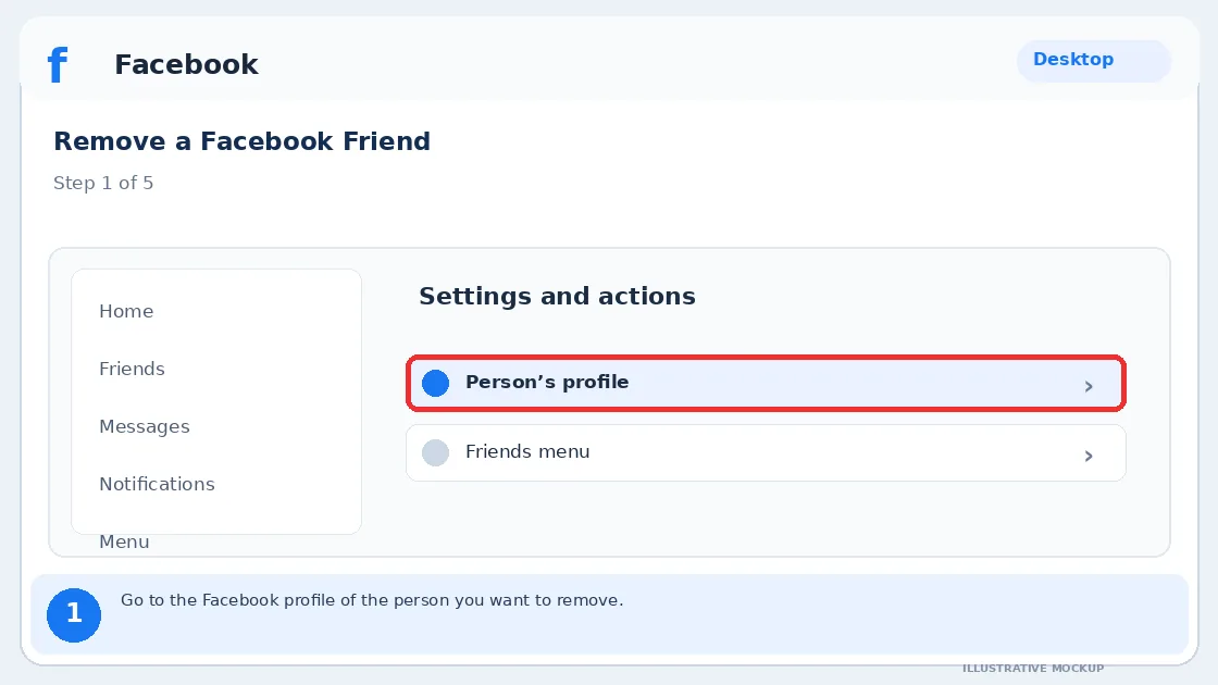 Illustrative Facebook interface for desktop, step 1; actual interface may differ