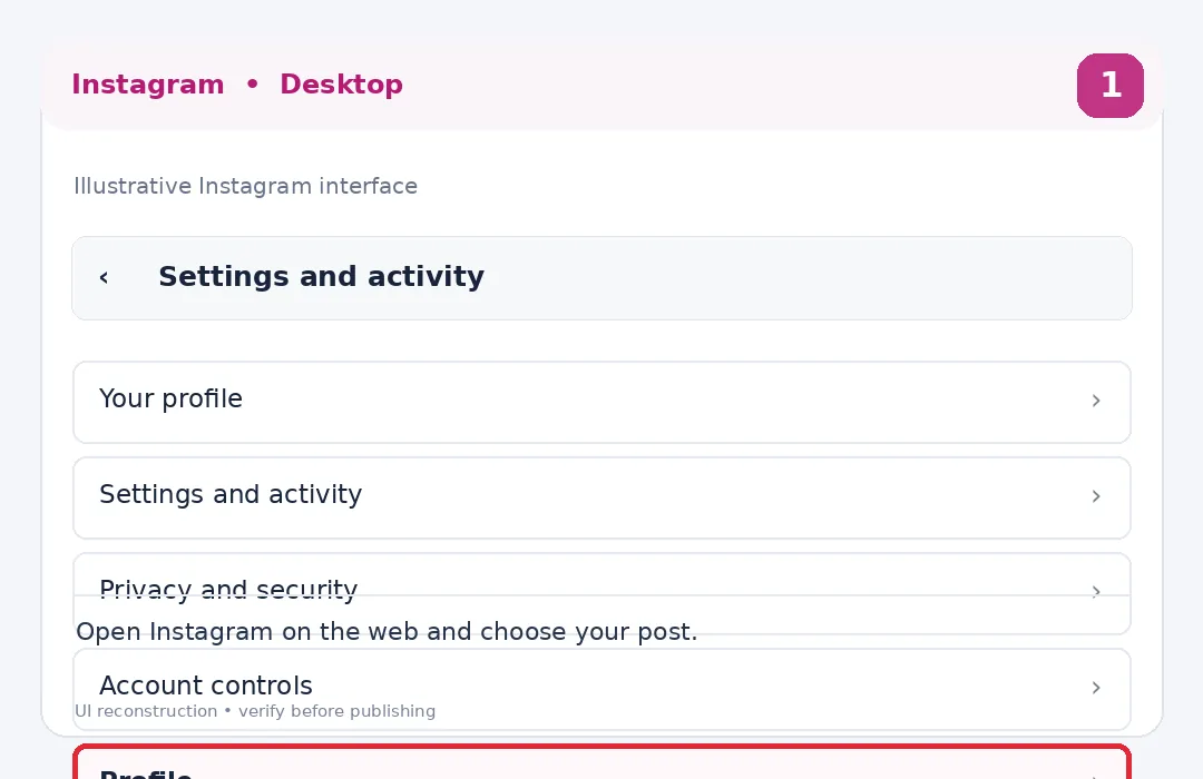 Illustrative Instagram interface for desktop, step 1; actual interface may differ