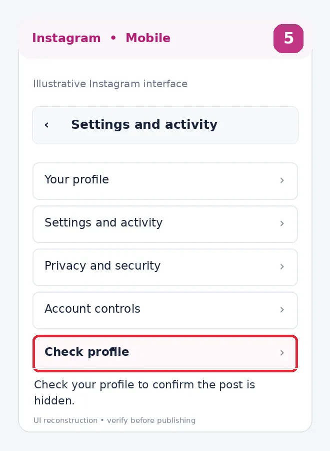 Illustrative Instagram interface for mobile, step 5; actual interface may differ
