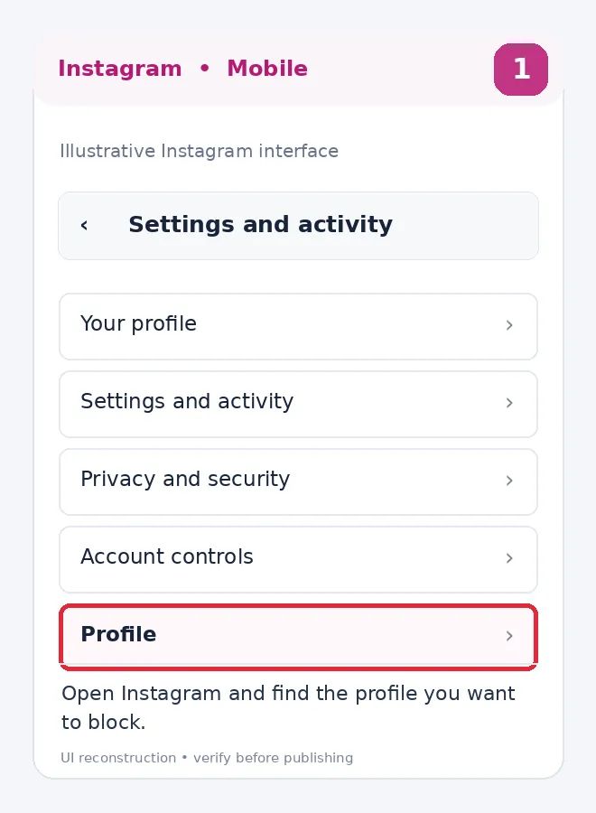 Illustrative Instagram interface for mobile, step 1; actual interface may differ