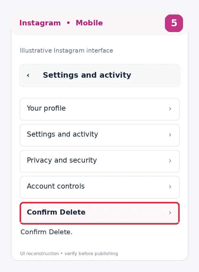 Illustrative Instagram interface for mobile, step 5; actual interface may differ