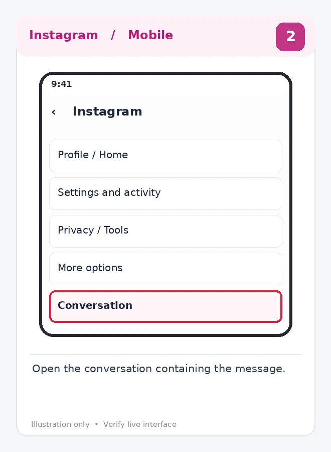 Illustrative Instagram interface for mobile, step 2; actual interface may differ